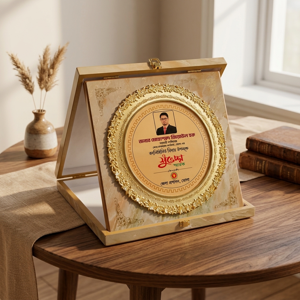 Premium Executive Marble-Finish Award Plaque with Embossed Gold Border and Luxury Presentation Box