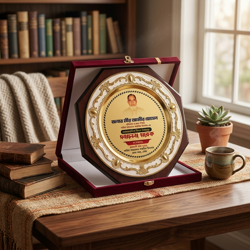 Premium Octagonal Wood-Finish Award Crest with Intricate Gold Border and Luxury Red Velvet Box
