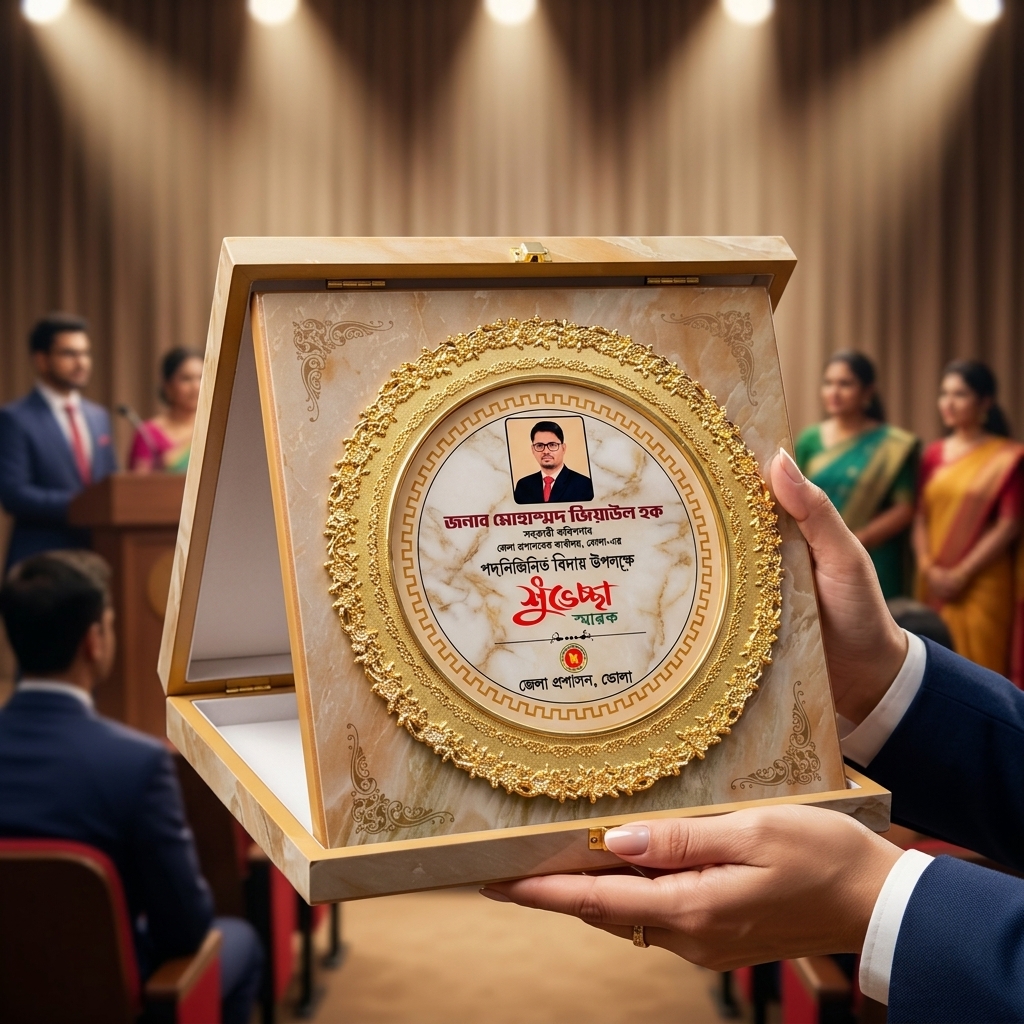 Premium Executive Marble-Finish Award Plaque with Embossed Gold Border and Luxury Presentation Box