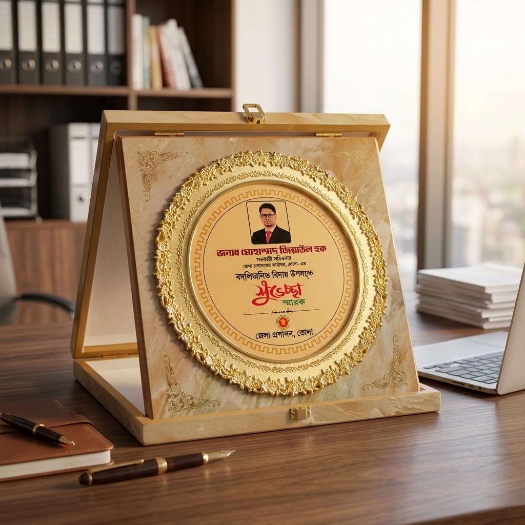 Premium Executive Marble-Finish Award Plaque with Embossed Gold Border and Luxury Presentation Box