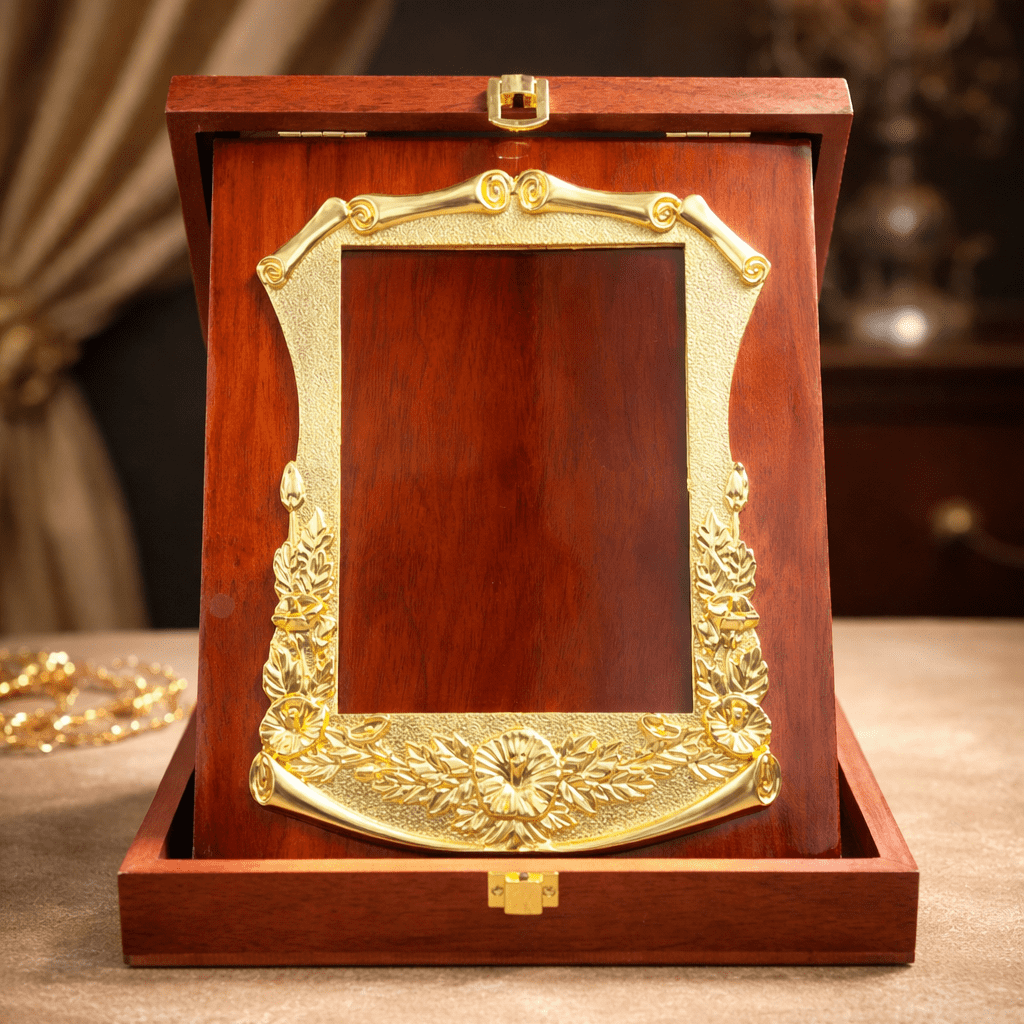 প্রিমিয়াম উডেন ক্রেস্ট বক্স সহ প্লাস্টিক ফ্রেম | কাস্টমাইজড অ্যাওয়ার্ড